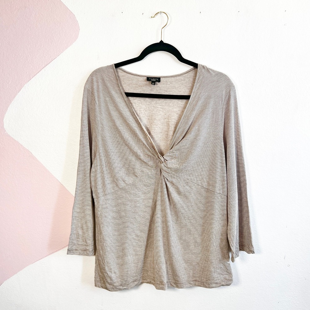 Talbots Top Womens XL Brown Stripe Twist Front Cotton Stretch V Neck‎ Casual